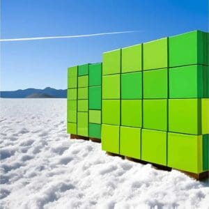 a picture of a green cube in the snow